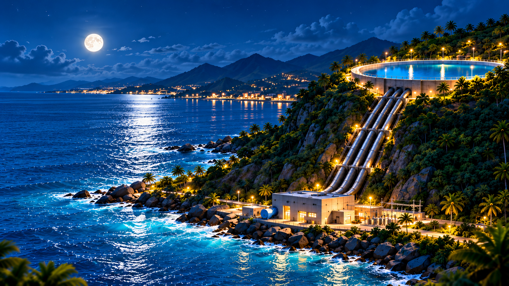 Nighttime coastal pumped-storage hydroelectric infrastructure with an upper reservoir and shoreline powerhouse