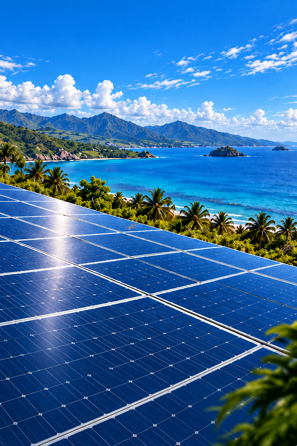 Solar photovoltaic panels overlooking a tropical coastline