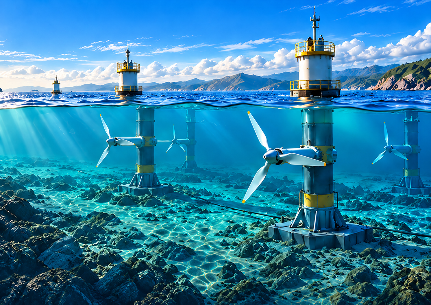 Tidal turbines operating beneath coastal waters