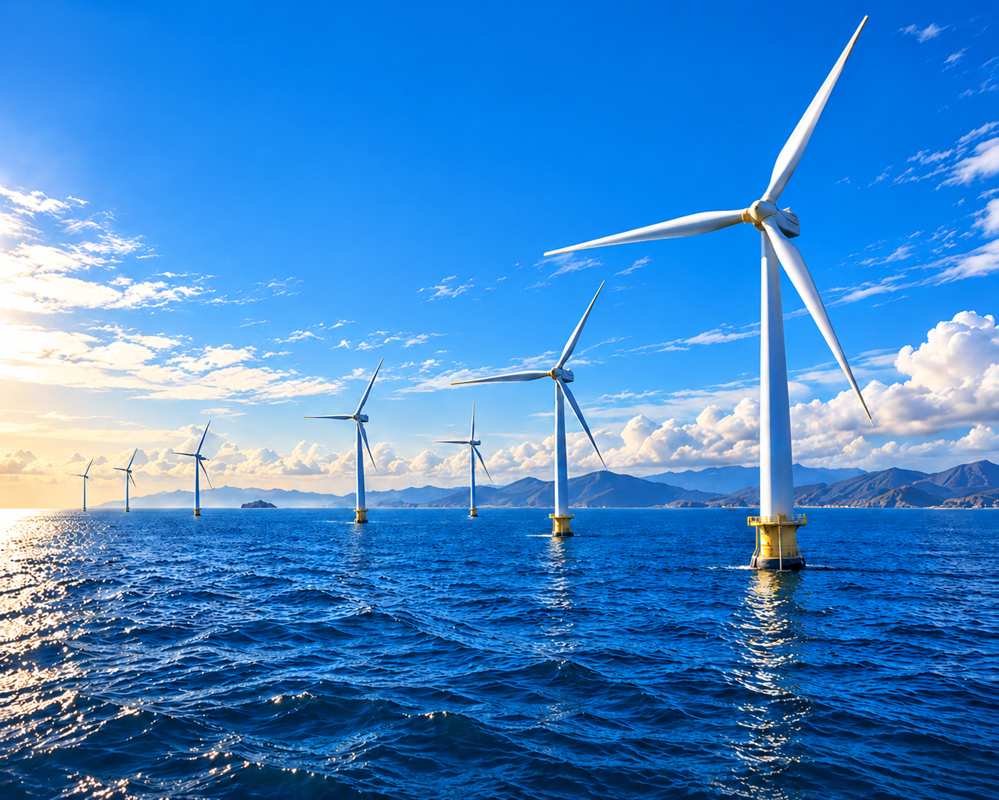 Offshore wind turbines in blue coastal waters